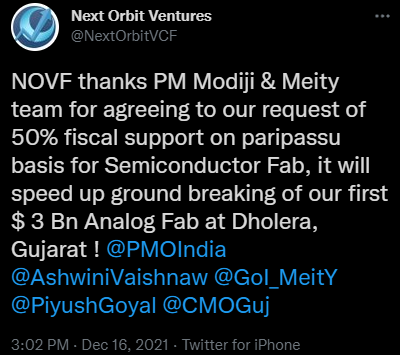 NOVF thanks PM Modiji & Meity team for agreeing to our request of 50% fiscal support on paripassu basis for Semiconductor Fab, it will speed up ground breaking of our first $ 3 Bn Analog Fab at Dholera, Gujarat !